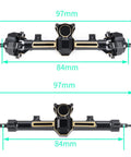 Metal Front And Rear Axle Set Upgrade for SCX24 RC Crawlers showcasing dimensions, fits Gladiator Deadbolt JLU C10.
