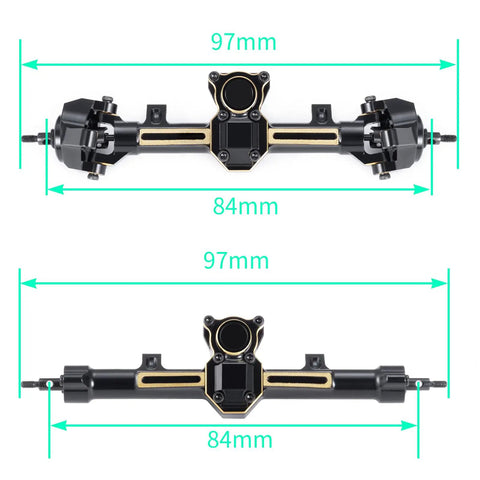 Metal Front And Rear Axle Set Upgrade for SCX24 RC Crawlers showcasing dimensions, fits Gladiator Deadbolt JLU C10.