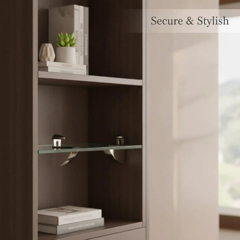 Go-To Glass Shelf Support Clip in Silver Zinc Alloy Mounting Bracket for Bathroom Vanities and Display Cabinets holding glass shelf.