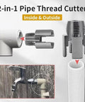 Kick The Habit Of Juggling Tools! This All-In-One Internal And External Pipe Threader, showing 2-in-1 cutter for 1/2 and 3/4 inch PVC.