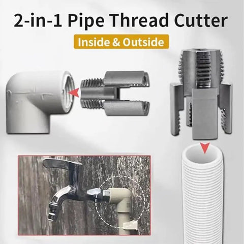 Kick The Habit Of Juggling Tools! This All-In-One Internal And External Pipe Threader, showing 2-in-1 cutter for 1/2 and 3/4 inch PVC.