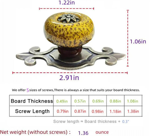 Slick 10 Pack Retro Ceramic Knobs With Sleek Petal Design For Fresh Kitchen And Bedroom Furniture Makeover No Fuss Diy Setup In Totally Rad Leopard Print Yellow, showcasing a yellow leopard print knob with ornate base.