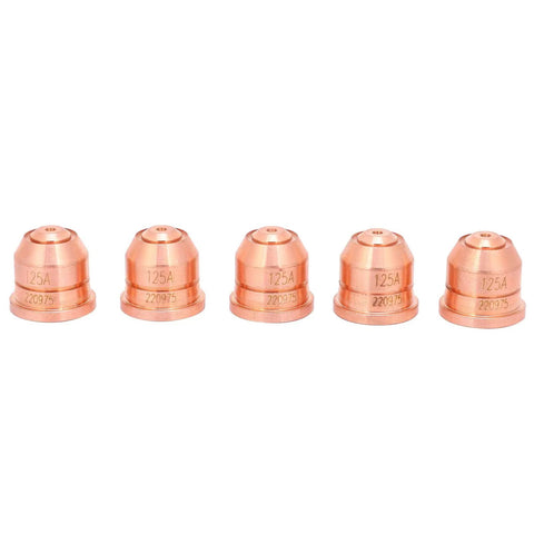 Solid 5 Piece 220975 Plasma Nozzle And Electrode Tip Combo Kit with copper nozzles for cutting machines.