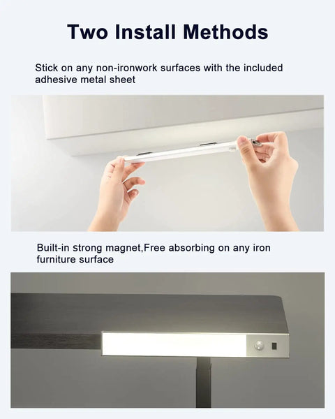 Two install methods for 30 LED Motion Sensor Under Cabinet Light With Dimmable USB Rechargeable Night Lighting, adhesive and magnet use