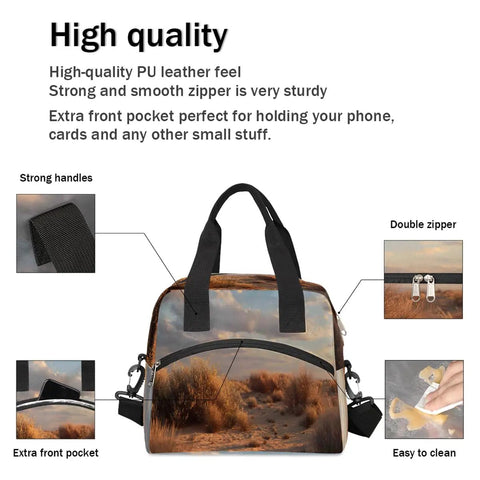 Desert Landscape Insulated Lunch Bag For Women And Men, showing strong handles, double zipper, and exterior pocket