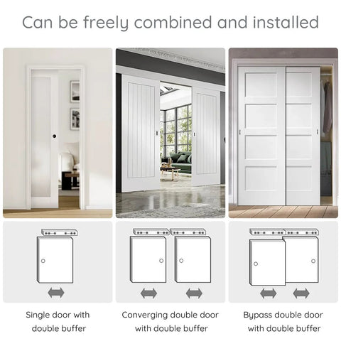 Soft Close Pocket Door Slide Hardware And Track Set For Barn Doors With Heavy Duty Hanger installed on single and double doors