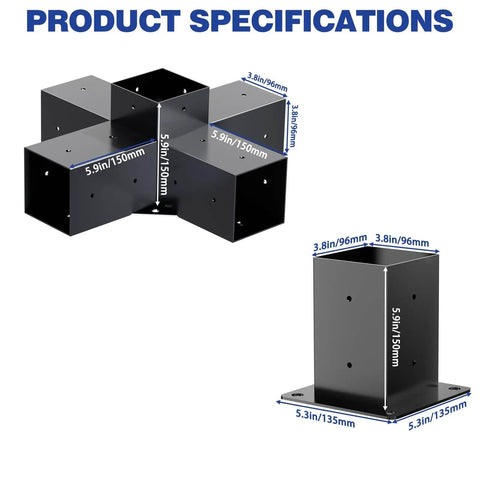 Beefy 5 Way Pergola Bracket Set for outdoor wood pergolas and gazebos, powder coated 4x4 brackets, actual 3.5x3.5 inch size, 2-pack