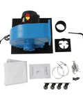 Powerful 1HP Wall Mounted Dust Collector With 550 CFM Strong Suction And 14.8 Gallon Collection Bag, blue motor and accessories on black base.