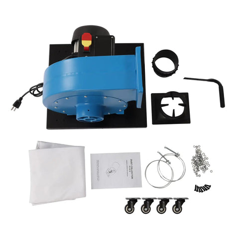 Powerful 1HP Wall Mounted Dust Collector With 550 CFM Strong Suction And 14.8 Gallon Collection Bag, blue motor and accessories on black base.