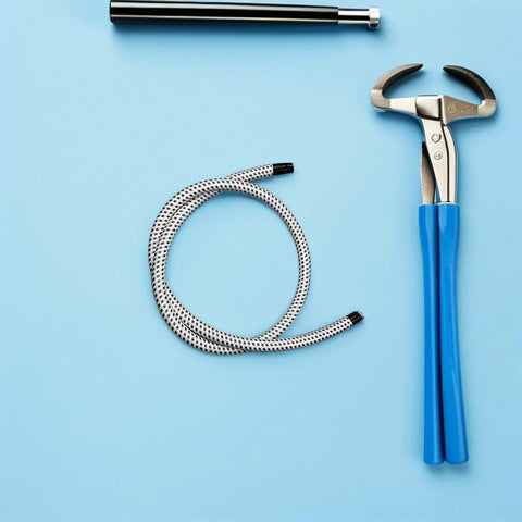 Universal Garment Steamer Hose Replacement Tube, 1 Meter, Black And White, High Temperature Resistant PVC Reinforced Steam Iron Supply Hose shown coiled on blue surface
