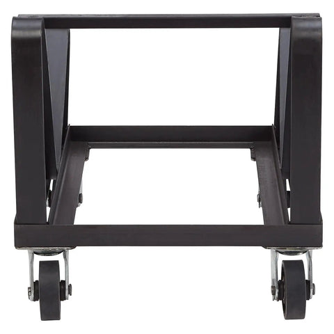 National Public Seating 8500 Series Commercial Chair Dolly Cart For Storing Up To Forty Stackable Dining Chairs In Heavy Duty Black Steel With Angle Design front view of sturdy black steel dolly with wheels