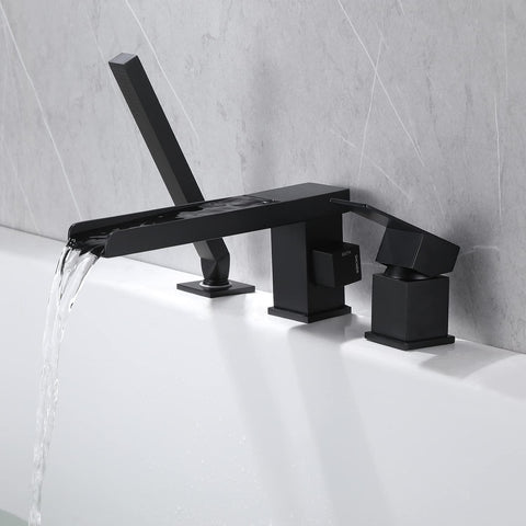 Waterfall Roman Tub Faucet Deck Mount With Hand Shower Three Hole Widespread Matte Black Bathroom Fixture Featuring Waterfall Tub Spout Single Handle High Flow
