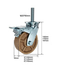 Heavy Duty Industrial Caster Wheels With Brakes featuring brown wheel, threaded stem, and brake mechanism for smooth, quiet mobility.