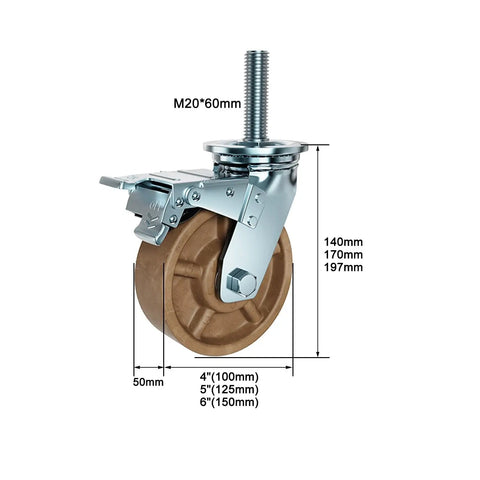 Heavy Duty Industrial Caster Wheels With Brakes featuring brown wheel, threaded stem, and brake mechanism for smooth, quiet mobility.