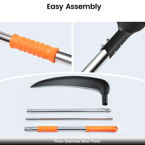 20 Inch Scythe Tool For Grass Cutting With Adjustable Dual Hand Grip, 3 Stainless Steel Poles, Assembly Components