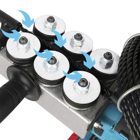 Close-up of rollers on the Badass Cordless Wire Threader And Through Wall Cable Puller with variable speed control.