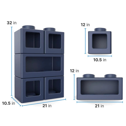 Contemporary Builders Stackable Storage Cubes Set For Kids, Modular Building Block Organizer with dimensions shown.