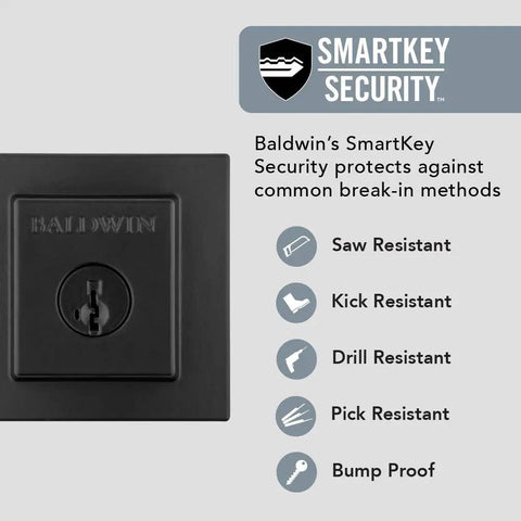 Front Door Deadbolt With SmartKey Rekey Technology And Microban Protection In Matte Black security features illustration
