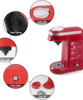 Compact Single Cup Coffee Maker For Home Use With Capsule Pods And Espresso Style Brew, Fast High Pressure Pump, Easy One Cup Brewer, Red EU Plug That Fits European Outlets And Quick Clean, Ideal For Office Or Dorm Use shown with highlighted features like coffee outlet and power button.