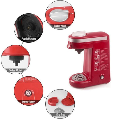 Compact Single Cup Coffee Maker For Home Use With Capsule Pods And Espresso Style Brew, Fast High Pressure Pump, Easy One Cup Brewer, Red EU Plug That Fits European Outlets And Quick Clean, Ideal For Office Or Dorm Use shown with highlighted features like coffee outlet and power button.