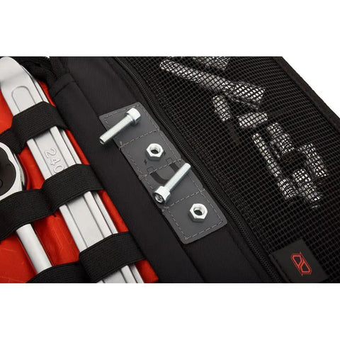 Interior view of Off Road Motorcycle And Powersports Tool Pack With Magnetic Strip And Zipper Pocket Compact 10.5 Inch By 7 Inch Storage Case showing tools.