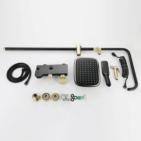 Heavy Duty Wall Mount Shower System With Slick Black Finish Adjustable Rain Head Four Way Mixer Valve Easy Grip Handheld Sprayer And Top Shelf Stainless Steel Bathroom Combo Kit components arranged for installation.