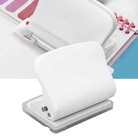 Manual 10 Hole Punch for Loose Leaf Paper A4 to A6 and B5 Sizes, 10 Sheets Capacity, shown on desk with notes.