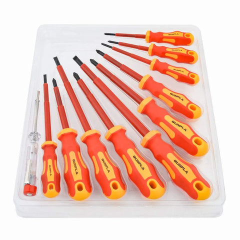 Heavy Duty Pro Grade 11 Piece VDE Insulated Screwdriver Set 1000V With Magnetic Black Tips TPR Soft Grip Handles in package