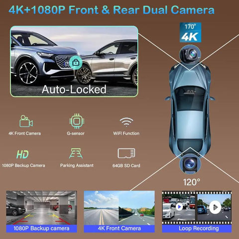 All In One Wireless CarPlay Screen For Cars With 10.26 Inch 4K Front Dash Cam and 1080P Backup Camera features shown