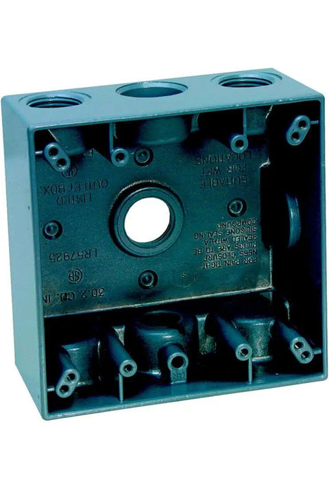 Weatherproof 2 Gang Electrical Box With Four Half Inch Knockouts 31 Cu In Capacity Die Cast Metal Housing Gray