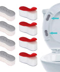 Image of Eight Piece Toilet Seat Bumpers Kit with self-adhesive ABS/TPU pads shown on a white toilet lid, reducing noise and lifting.