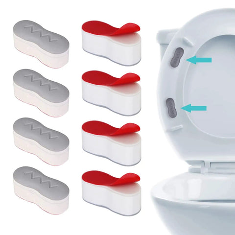 Image of Eight Piece Toilet Seat Bumpers Kit with self-adhesive ABS/TPU pads shown on a white toilet lid, reducing noise and lifting.