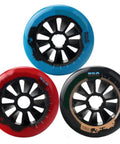 Three colored inline skate wheels, part of Replacement Inline Skate Wheels Set 90mm 100mm 110mm For Indoor Outdoor Use 8 Pack Black Durable Quick Roll High Performance Speed Wheels Built For Fitness Street And Ramp Sessions