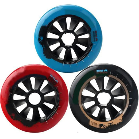 Three colored inline skate wheels, part of Replacement Inline Skate Wheels Set 90mm 100mm 110mm For Indoor Outdoor Use 8 Pack Black Durable Quick Roll High Performance Speed Wheels Built For Fitness Street And Ramp Sessions