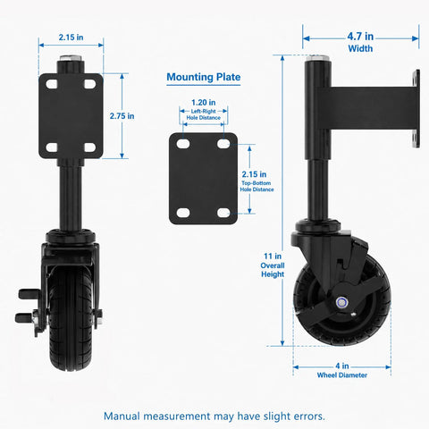 Heavy Duty Workhorse 4 Inch Galvanized Steel Gate Wheels With Locking Foot Brake Black 2 Pack dimensions shown with mounting plate details.