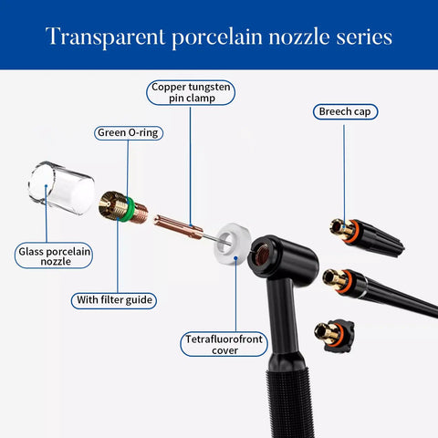 Complete TIG Welding Torch Accessories Kit With Glass Cup Gas Lens Back Cap Collet Nozzle And Glass Screen for WP-17 WP-18 WP-26