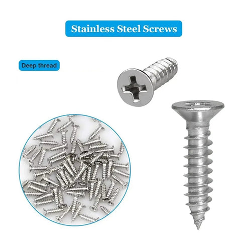 Stainless Steel Screws with deep threads, shown individually and in a group, ideal for Heavy Duty Stainless Steel Mending Plates 12 Pack With Screws.