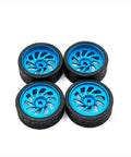 Metal Upgrade RC Steering Wheel For 1 To 28 Scale Cars Two Wide And Narrow 26.5mm Outer Diameter Racing Wheel Sky Blue Aluminum Upgrade Part For Stable Control And Responsive Handling, showing four wheels with sky blue rims and black tires.