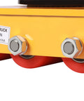 Detailed close-up of the yellow Beefed Up Heavy Duty Machinery Mover Skate With 33,000 Pounds Capacity And 360 Degree Rotation Nine PU Rollers Industrial Equipment Dolly For Warehouses And Construction Yellow showing red PU rollers and steel bolts.