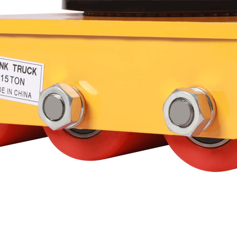 Detailed close-up of the yellow Beefed Up Heavy Duty Machinery Mover Skate With 33,000 Pounds Capacity And 360 Degree Rotation Nine PU Rollers Industrial Equipment Dolly For Warehouses And Construction Yellow showing red PU rollers and steel bolts.