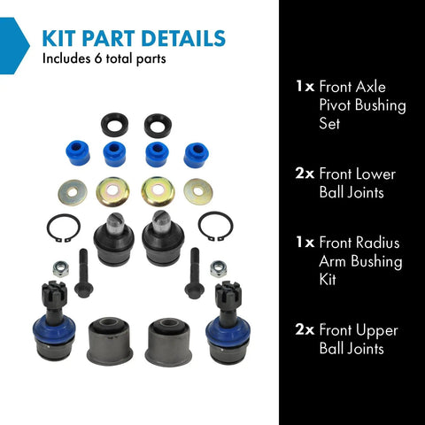 Front Suspension Kit With Axle Pivot Bushing Set And Radius Arm Bushing Kit Includes Front Lower Ball Joints And Front Upper Ball Joints For 2005 2006 Ford E 150 Club Wagon Ready To Roll, 6 parts displayed