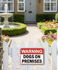 Dog On Premises Warning Sign Rugged 8x12 Inch Metal Yard Gate Decor Weatherproof Tin Plaque For Home Farmhouse Fence Outdoor Business Warehouse Use Waterproof And UV Resistant With Pre Drilled Holes For Easy Hanging on white picket gate