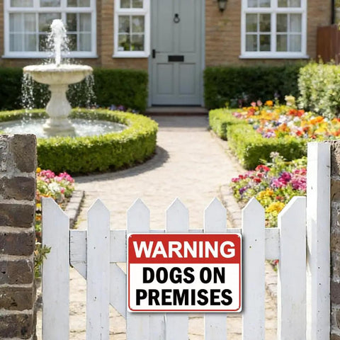 Dog On Premises Warning Sign Rugged 8x12 Inch Metal Yard Gate Decor Weatherproof Tin Plaque For Home Farmhouse Fence Outdoor Business Warehouse Use Waterproof And UV Resistant With Pre Drilled Holes For Easy Hanging on white picket gate