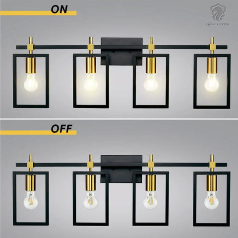4 Light Bathroom Vanity Fixture With Black And Brass Finish 36 Inch Industrial Wall Mount Vanity Lighting On and Off