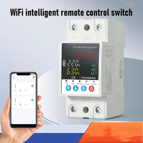 Slick Outdoor Smart Wifi Circuit Breaker With Dead Simple Smartphone App Remote Control And Real Time Monitoring For No Sweat Home Or Industrial Power Management 63A Adjustable Electrical Switch and phone display.