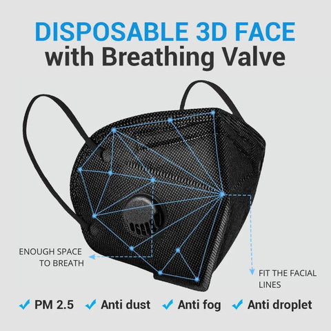 Black Disposable Face Masks With Breathing Valve 10 Pack 5 Layer Protective Masks For Men And Women Breathable Lightweight