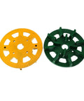 Fresh 7 Inch Diamond Metal Bond Grinding Disc Wheel For Auto Polishing Machine Wet Cutting Tool With M6 Hole And Grit Options Like 50 To 400, showing yellow and green blades.