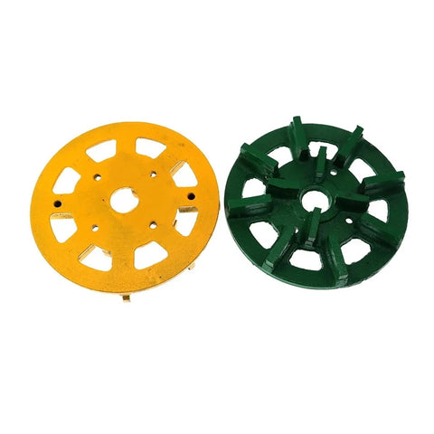 Fresh 7 Inch Diamond Metal Bond Grinding Disc Wheel For Auto Polishing Machine Wet Cutting Tool With M6 Hole And Grit Options Like 50 To 400, showing yellow and green blades.