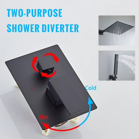 Matte Black 10 Inch Rainfall Square Shower Head System With Multi Function Wall Mounted Trim Kit Easy Install Game Changer Spa Quality Water Pressure in use with shower diverter