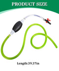 Heavy Duty Manual Fuel Siphon Pump For Cars And Trucks Featuring Wicked Smooth High Flow Transfer PVC Hose With Reliable Anti Backflow Valve Universal Fit For Diesel Gas Oil Water Pulls Fluid Like A Dream, showing 39.37in long pump with green PVC hose.